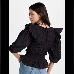 Sea New York Paco Solid Black Cotton Puff Sleeve Peplum Top S